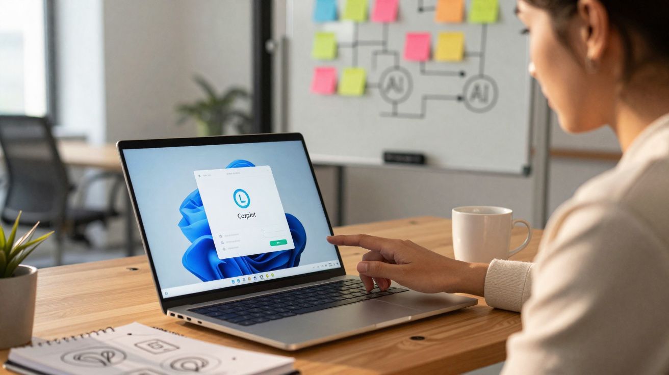 Mulher usando laptop com tela do Copilot em mesa com planta, caneca e quadro branco com post-its coloridos.