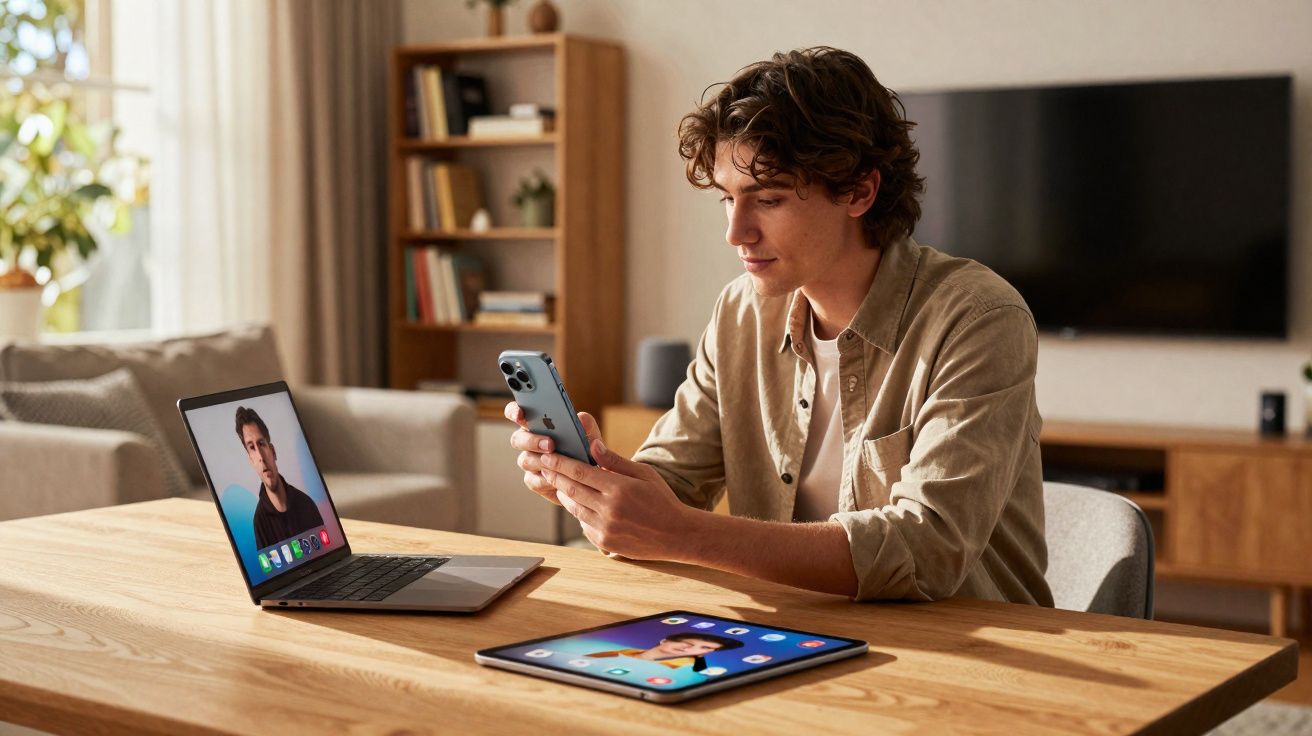 Jovem sentado à mesa usando smartphone, com laptop em videochamada e tablet à sua frente em ambiente doméstico.