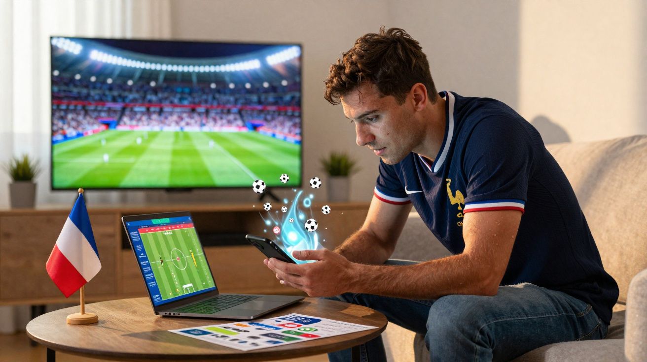 Homem assistindo futebol na TV, interagindo com celular e laptop sobre mesa com bandeira da França.