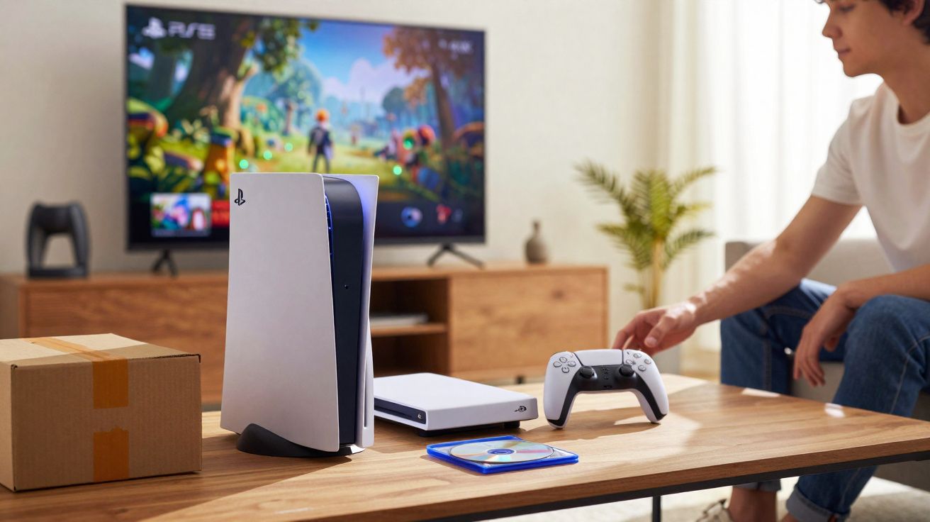 Console PlayStation 5 com controle, jogo em disco e pessoa ao fundo em sala de estar iluminada.