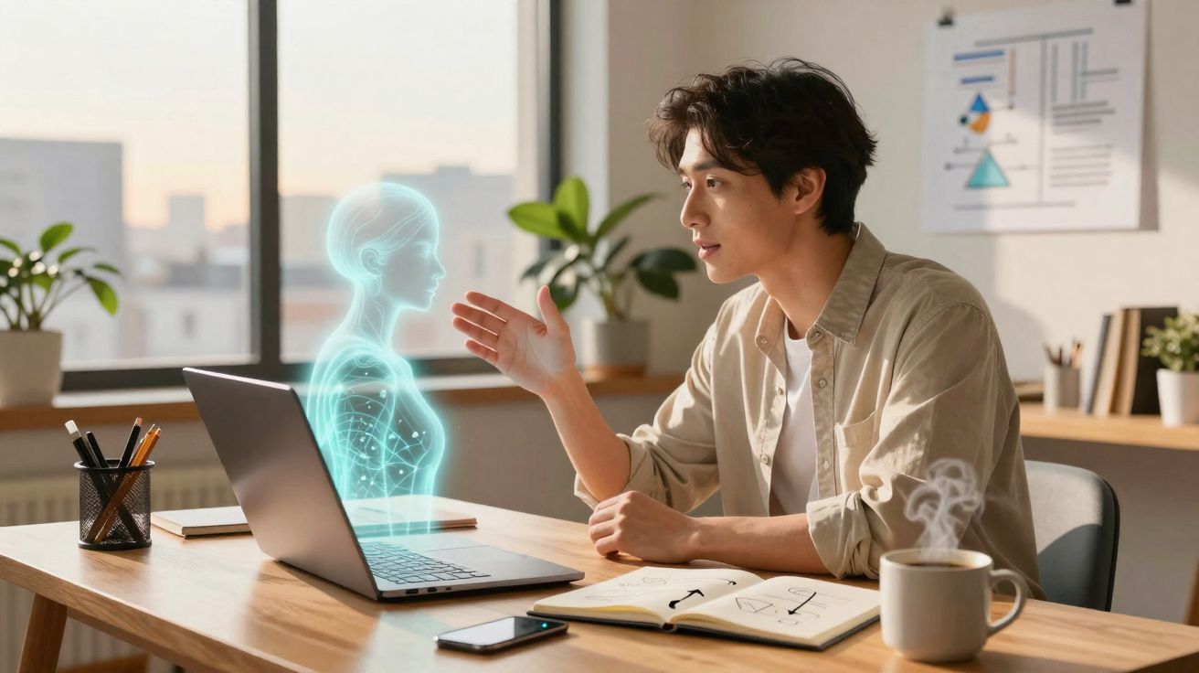 Homem interage com holograma feminino projetado ao lado de notebook em escritório iluminado.