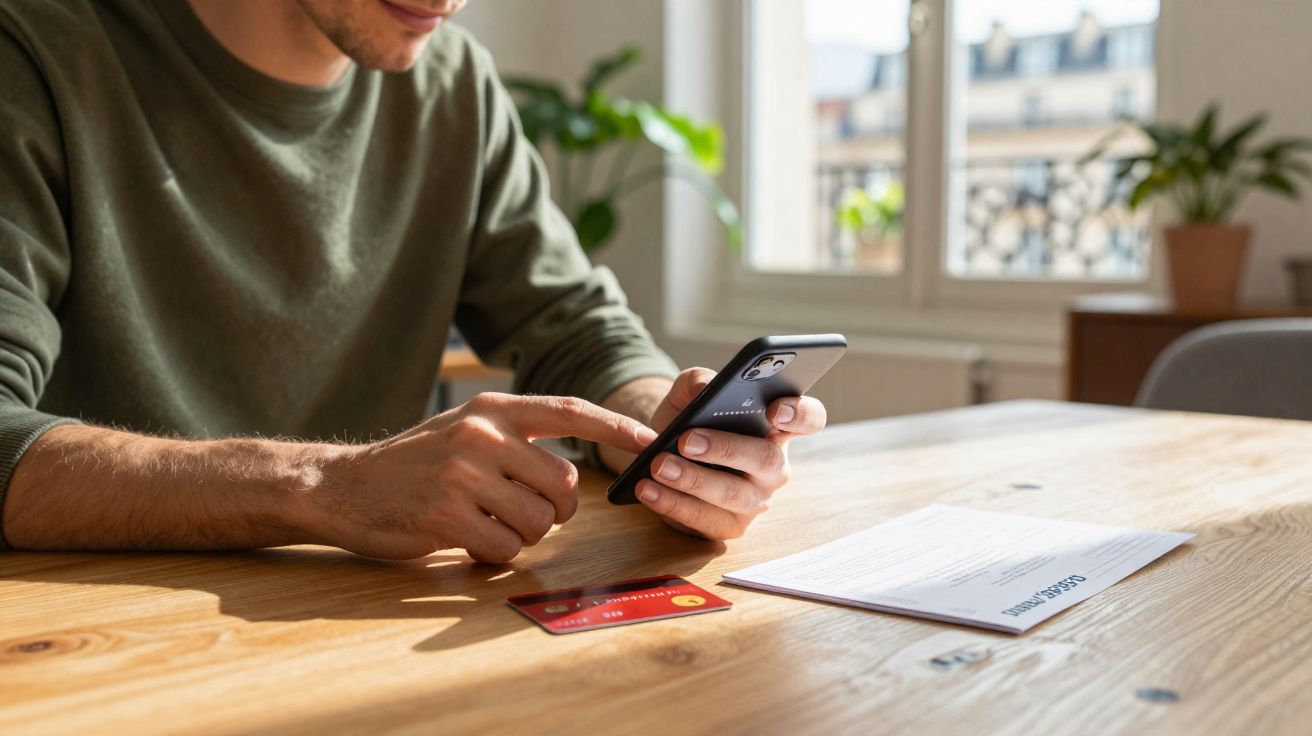 Pessoa usa celular para fazer pagamento online com cartão de crédito sobre mesa de madeira clara.