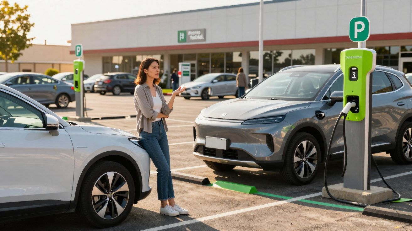 Mulher jovem esperando ao lado de carro elétrico cinza sendo carregado em estação pública ao ar livre.