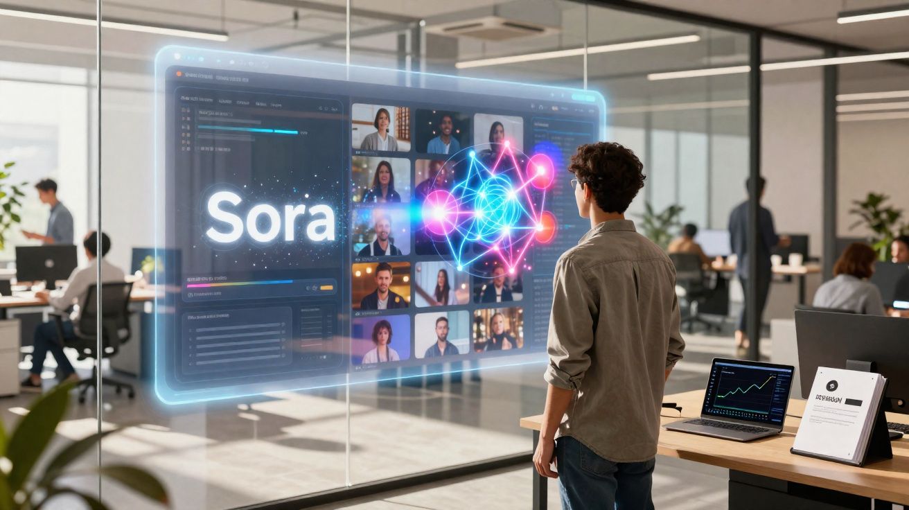 Pessoa em escritório moderno olhando para tela holográfica com videoconferência e logo "Sora".