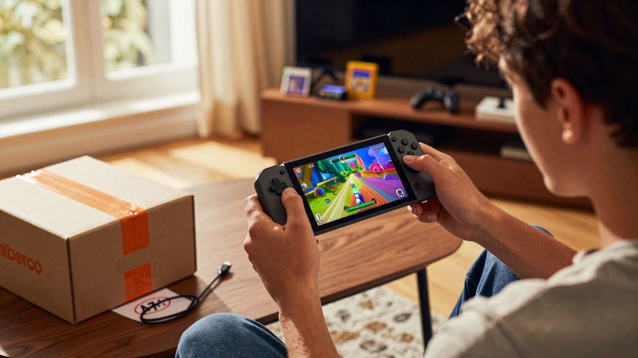 Pessoa jogando videogame portátil em sala de estar com mesa de madeira e caixa de papelão.