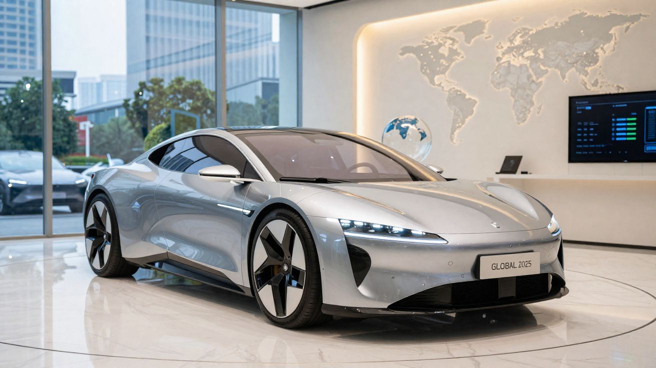 Carro elétrico esportivo prata exposto em showroom moderno com mapa mundi iluminado na parede.