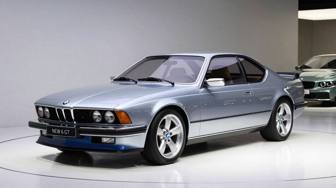 Carro esportivo BMW clássico prata modelo New 6 GT em exposição em ambiente iluminado interno.