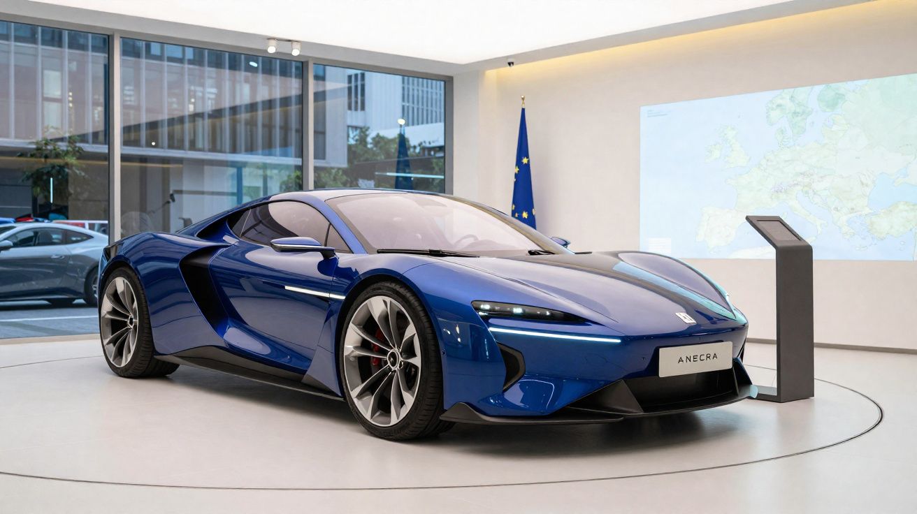 Carro esportivo azul exibido em salão moderno com janela grande, mapa na parede e bandeira da União Europeia.