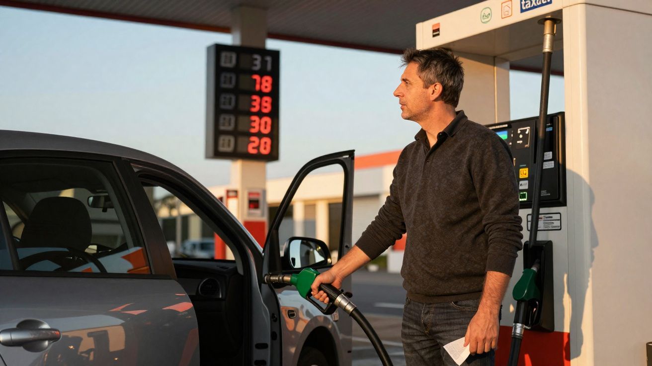 Homem abastecendo carro em posto de gasolina ao entardecer, com display de preços ao fundo.