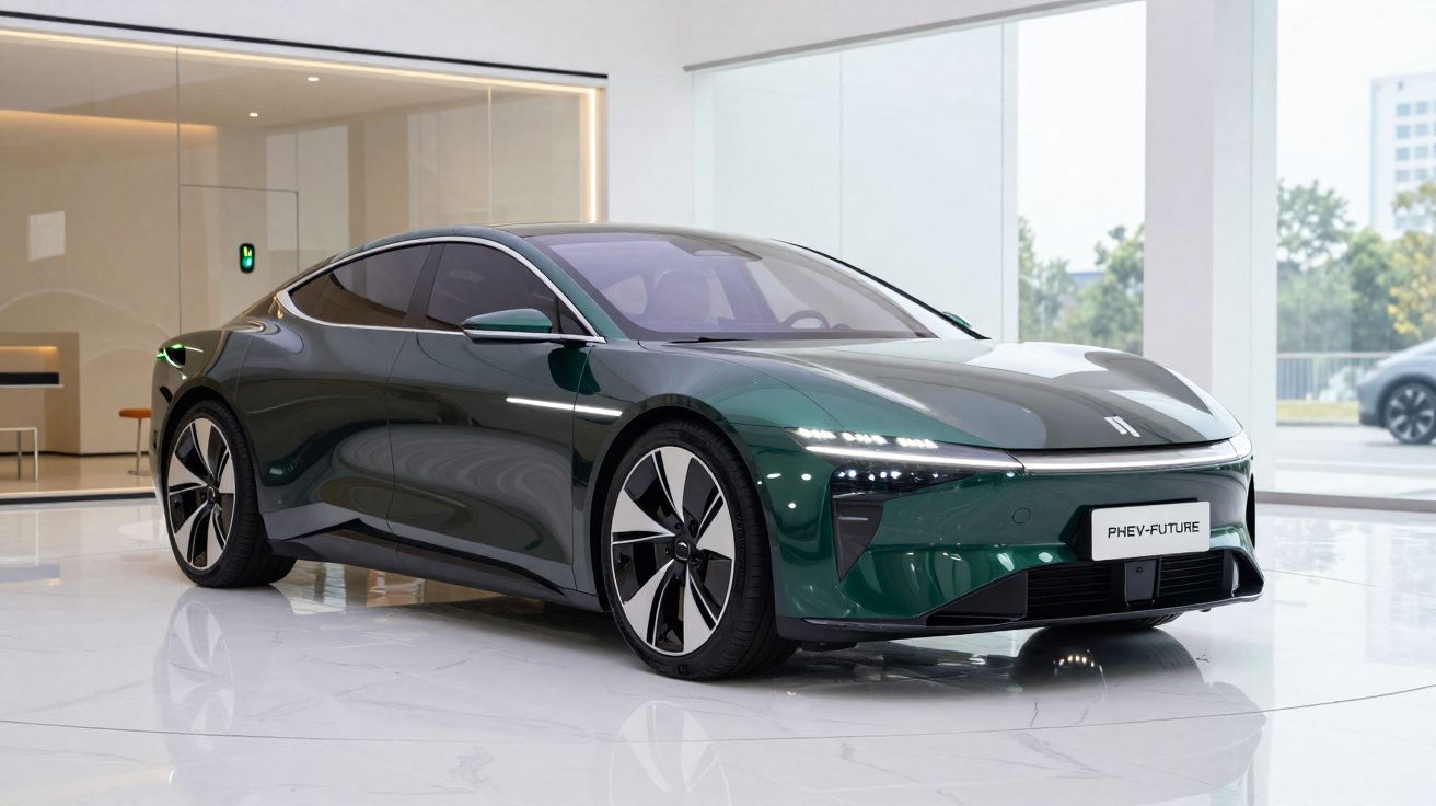 Carro elétrico verde escuro moderno em showroom com design aerodinâmico e rodas grandes.