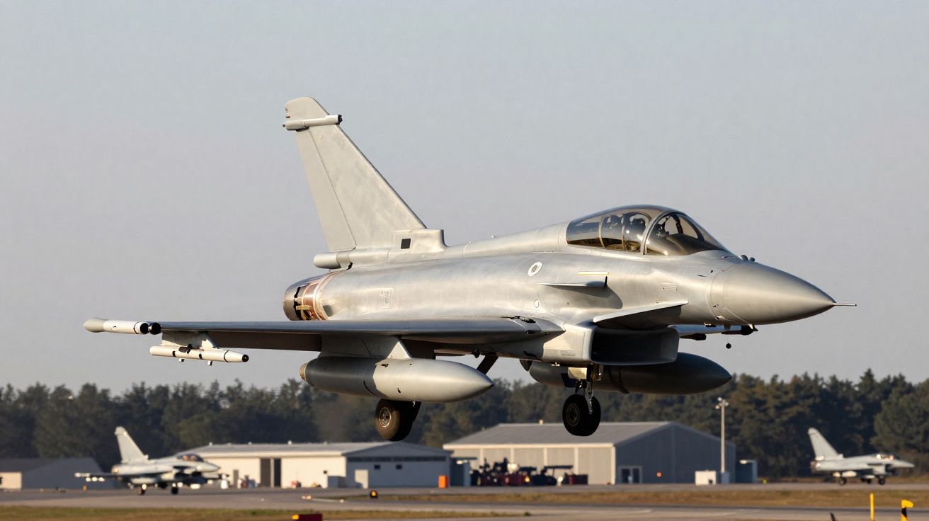 Caça militar cinza decolando em pista com hangares e outras aeronaves ao fundo.