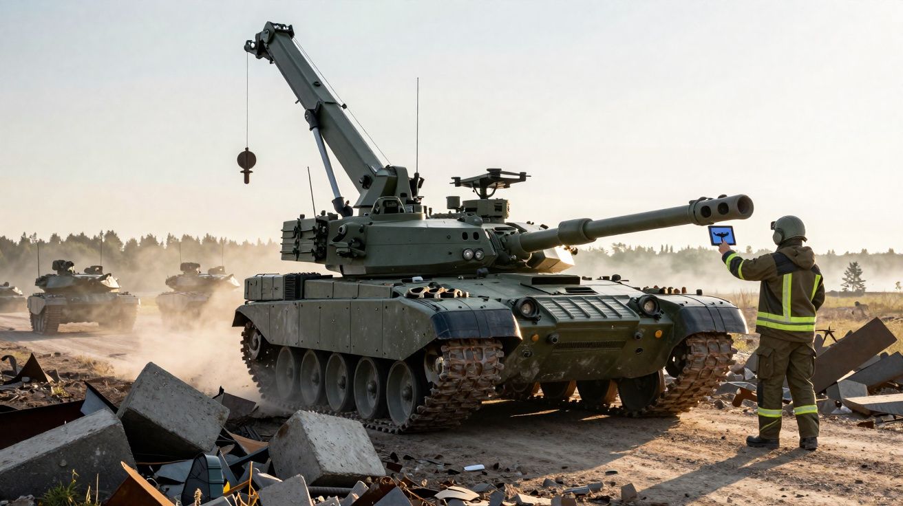 Tanque militar com guindaste em área de treinamento, com soldado segurando tablet à direita.