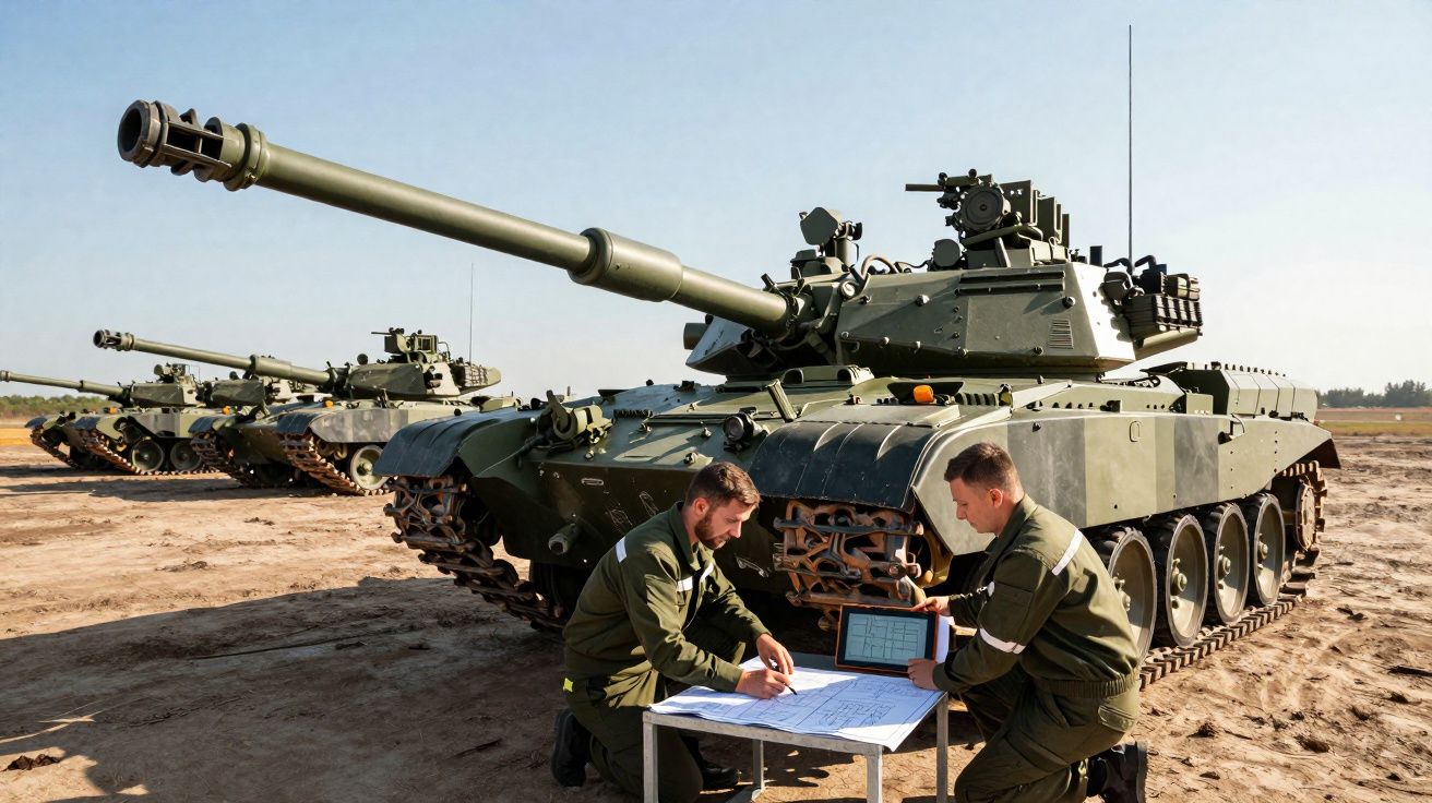 Dois militares analisam mapas e tablet em frente a tanques em área aberta e ensolarada.