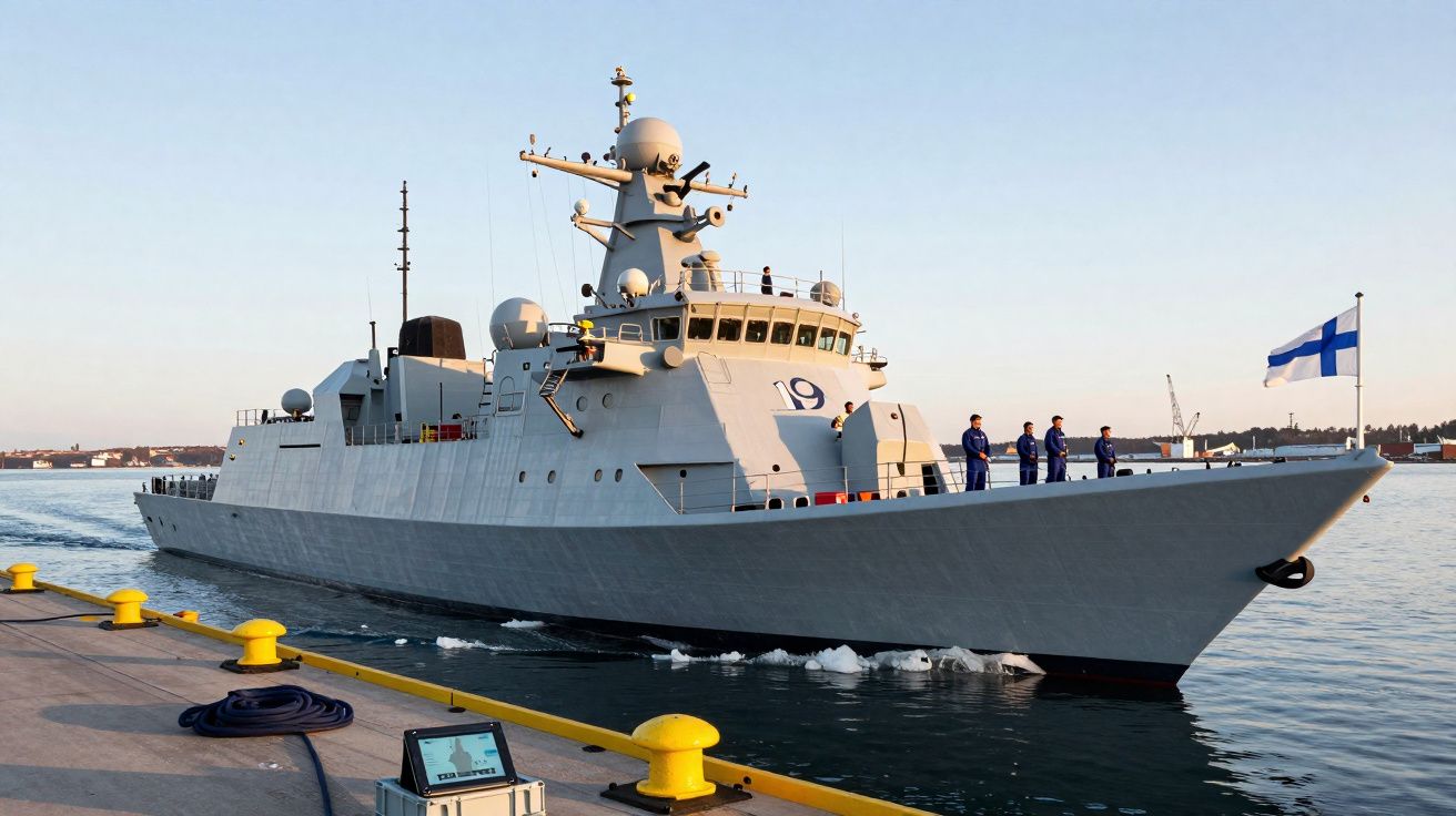 Navio de guerra cinza ancorado em porto com tripulantes na proa e bandeira da Finlândia.