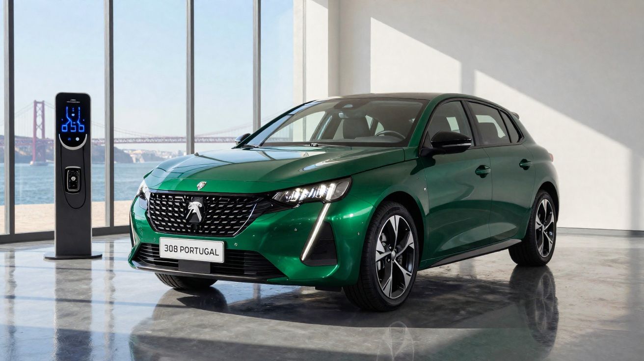 Carro hatch verde Peugeot 308 Portugal estacionado em ambiente interno com estação de recarga elétrica.