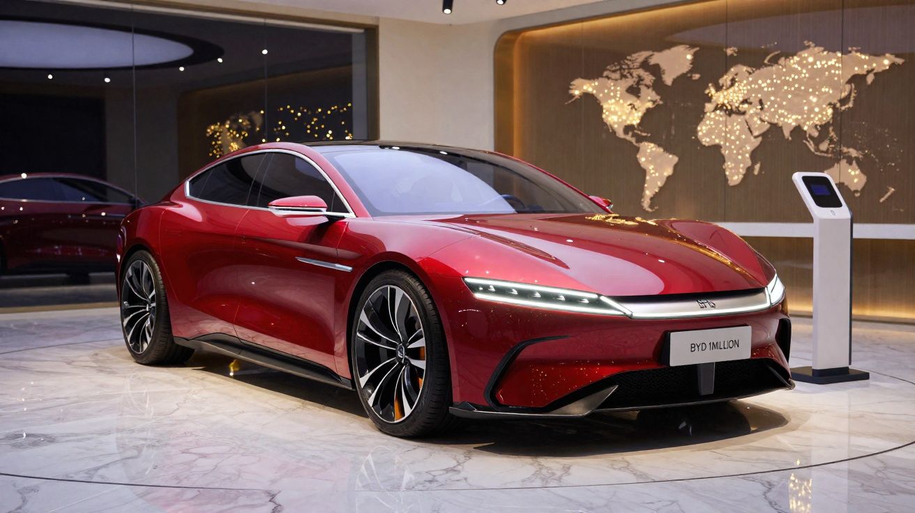 Carro elétrico esportivo vermelho BYD e plataforma interativa com mapa-múndi iluminado ao fundo.
