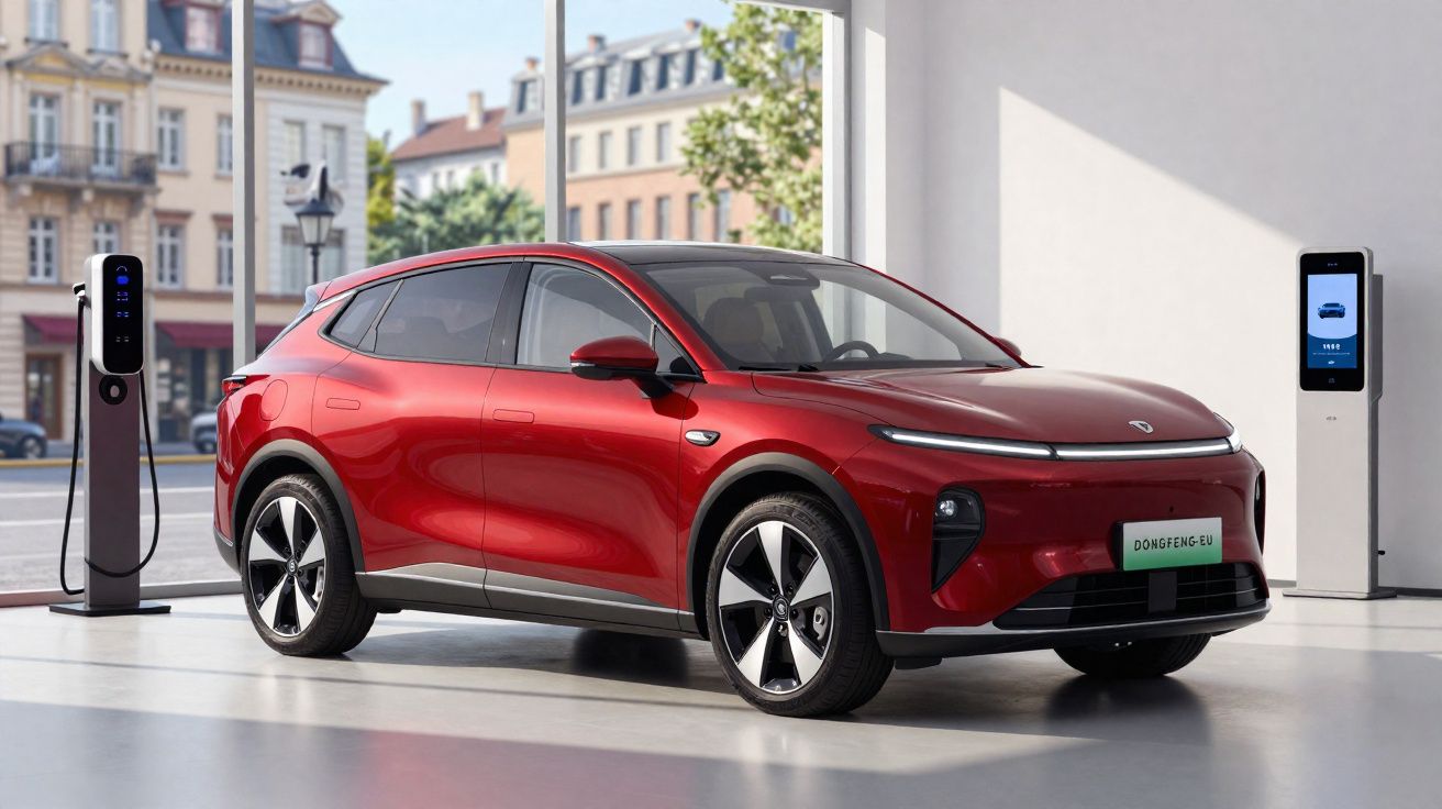 Carro elétrico vermelho estacionado ao lado de duas estações de recarga em ambiente urbano.