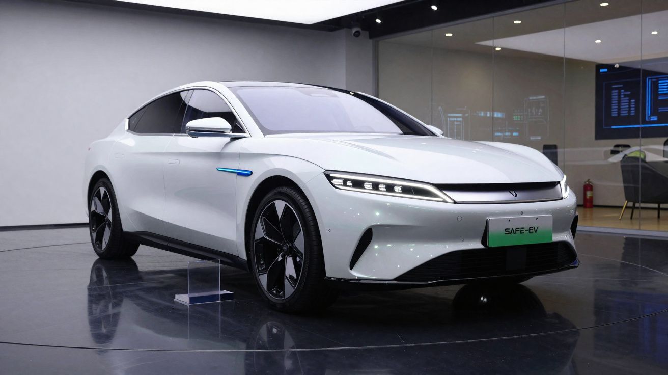 Carro elétrico branco moderno em exposição dentro de showroom com vidro e luzes refletidas no chão.