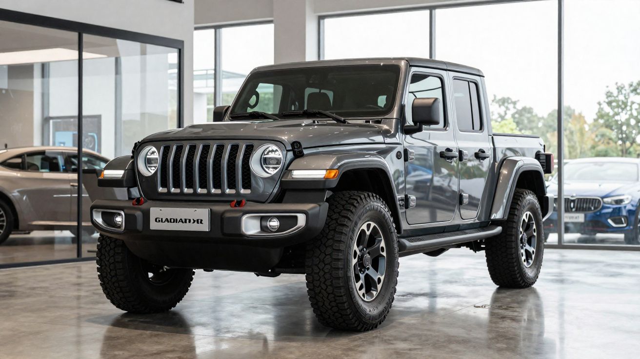 Jeep Gladiator cinza estacionado em showroom com piso brilhante e janelas amplas ao fundo.