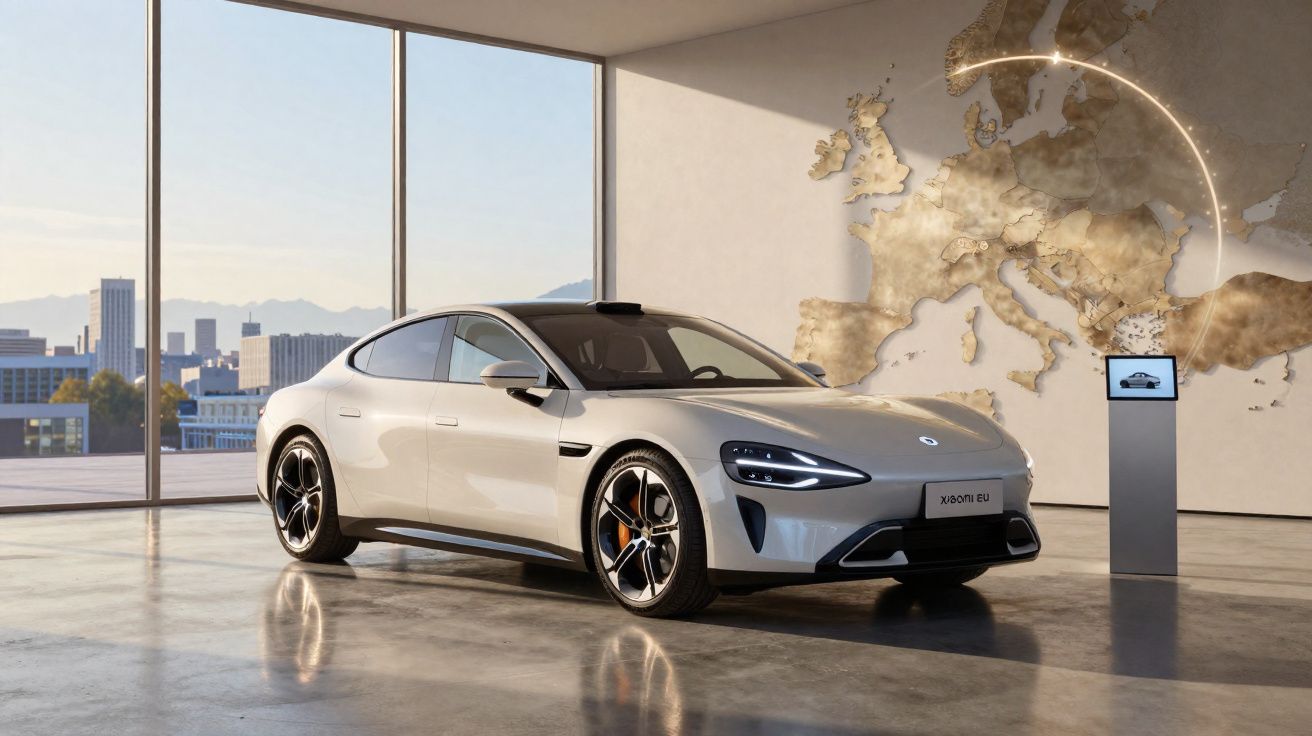 Carro elétrico cinza estacionado em showroom moderno com grande janela e mapa da Europa na parede.