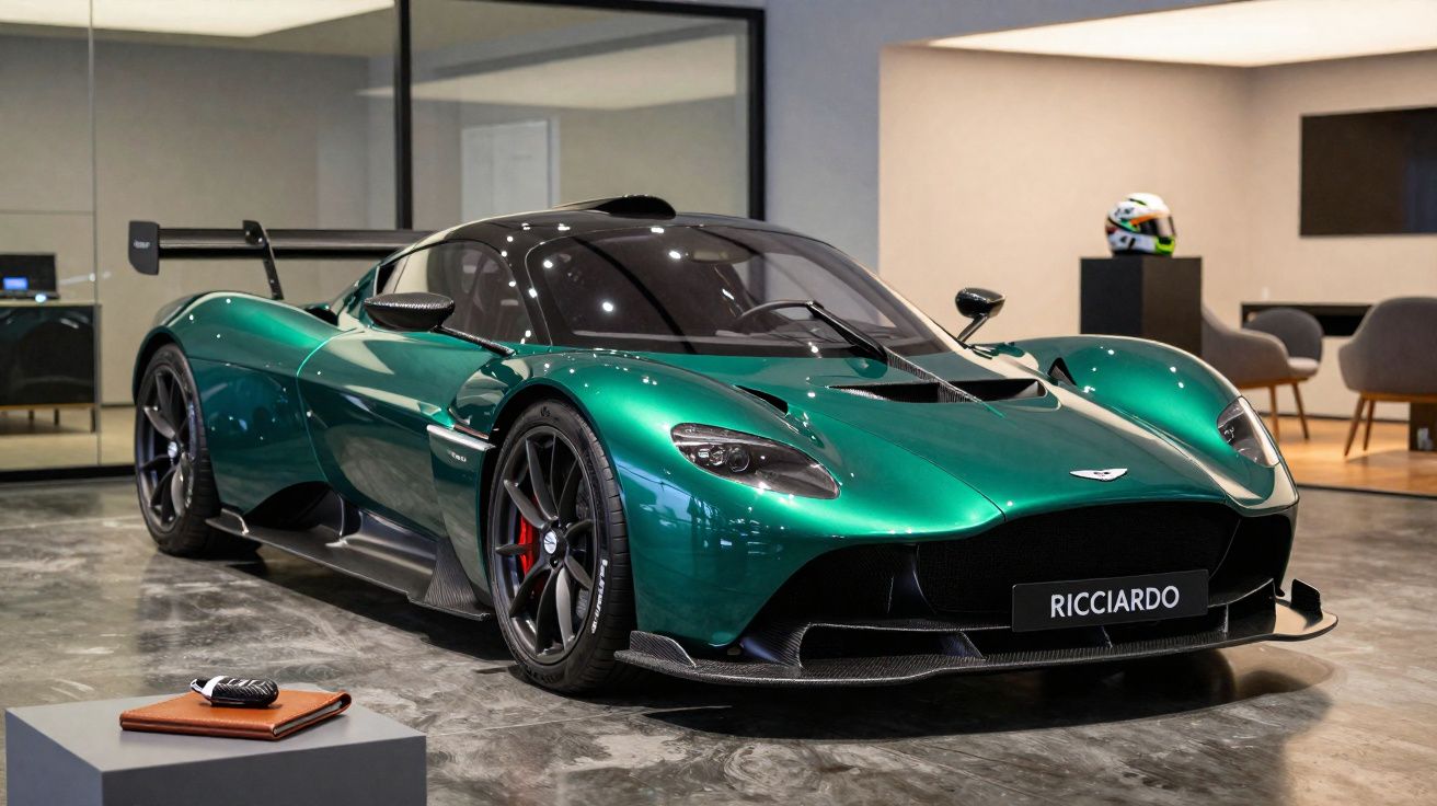 Carro esportivo verde metálico Aston Martin em exposição interna com placa "Ricciardo".