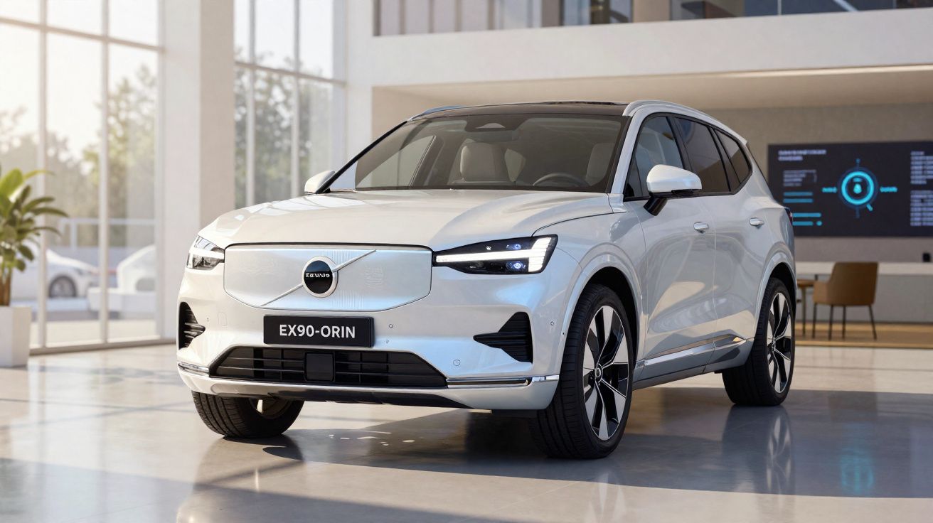 SUV elétrico branco Volvo EX90-Orin exibido em showroom moderno e iluminado.