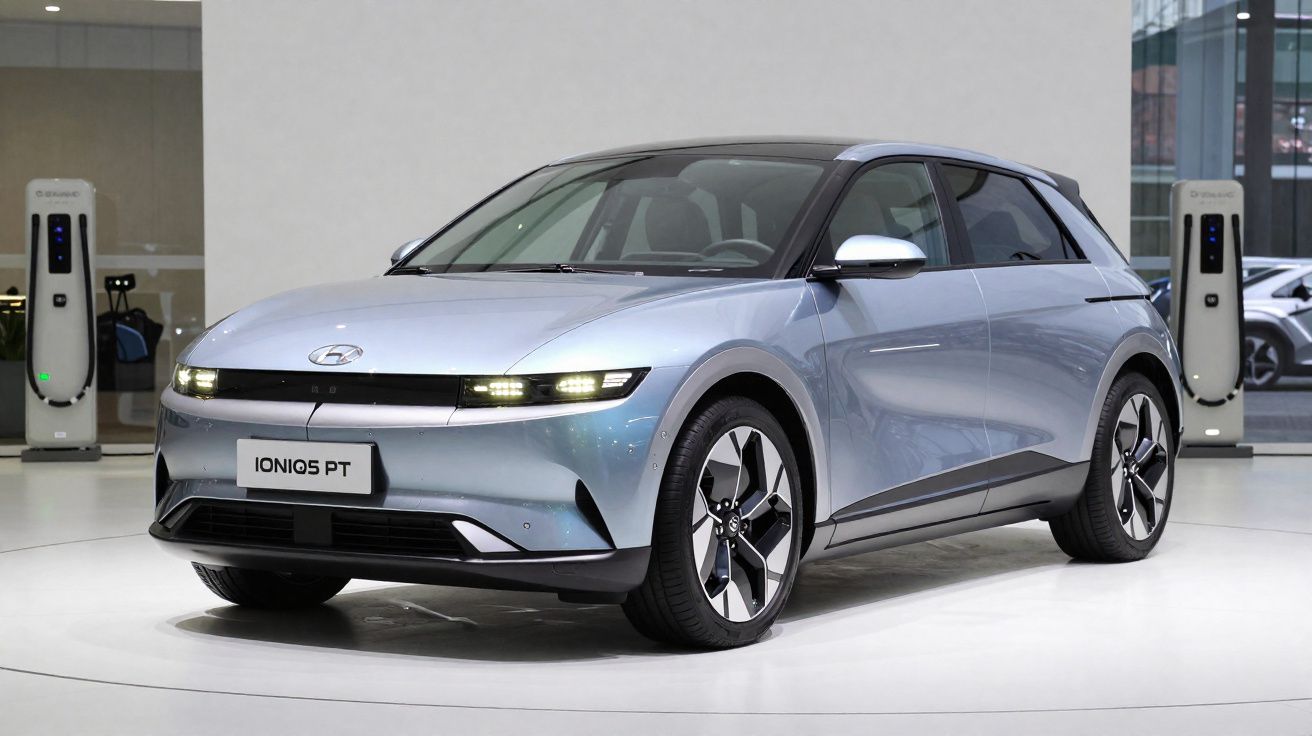 Carro elétrico Hyundai Ioniq 5 prata estacionado em showroom com carregadores ao fundo.