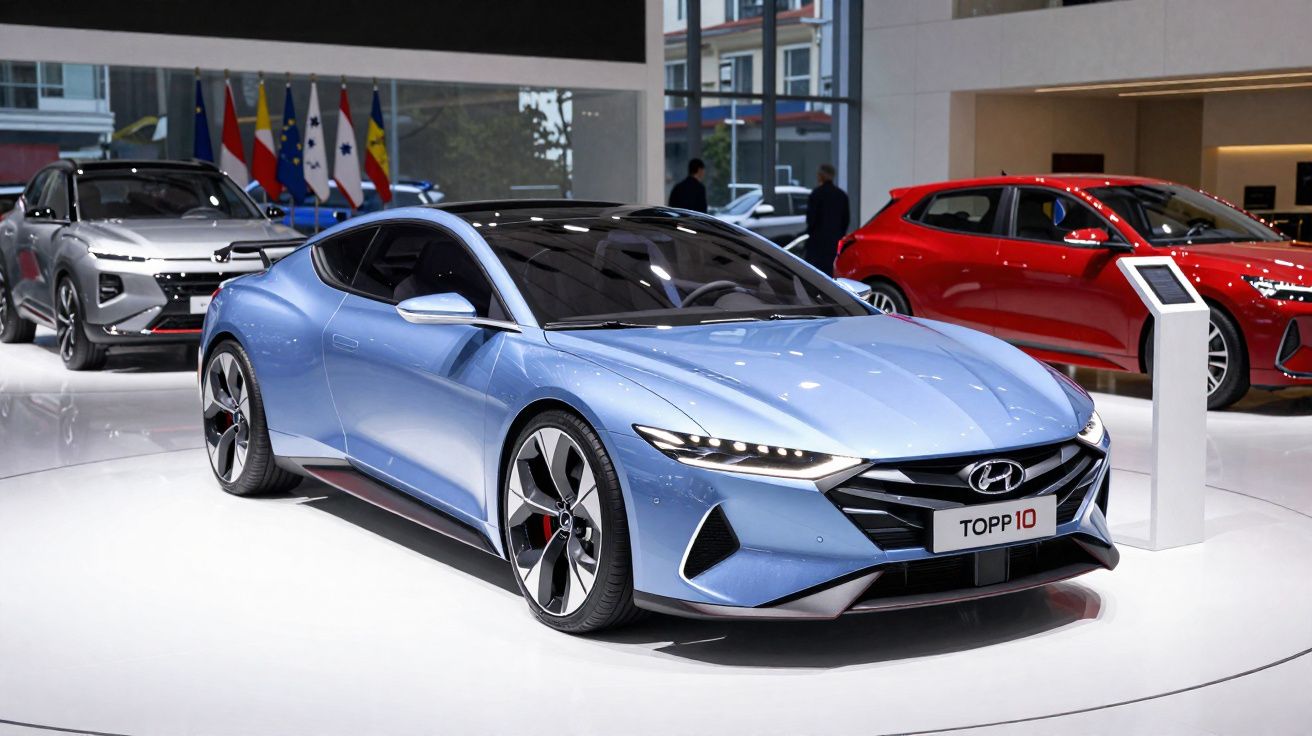 Carro esportivo azul claro Hyundai exibido em salão automotivo com outros veículos ao fundo.