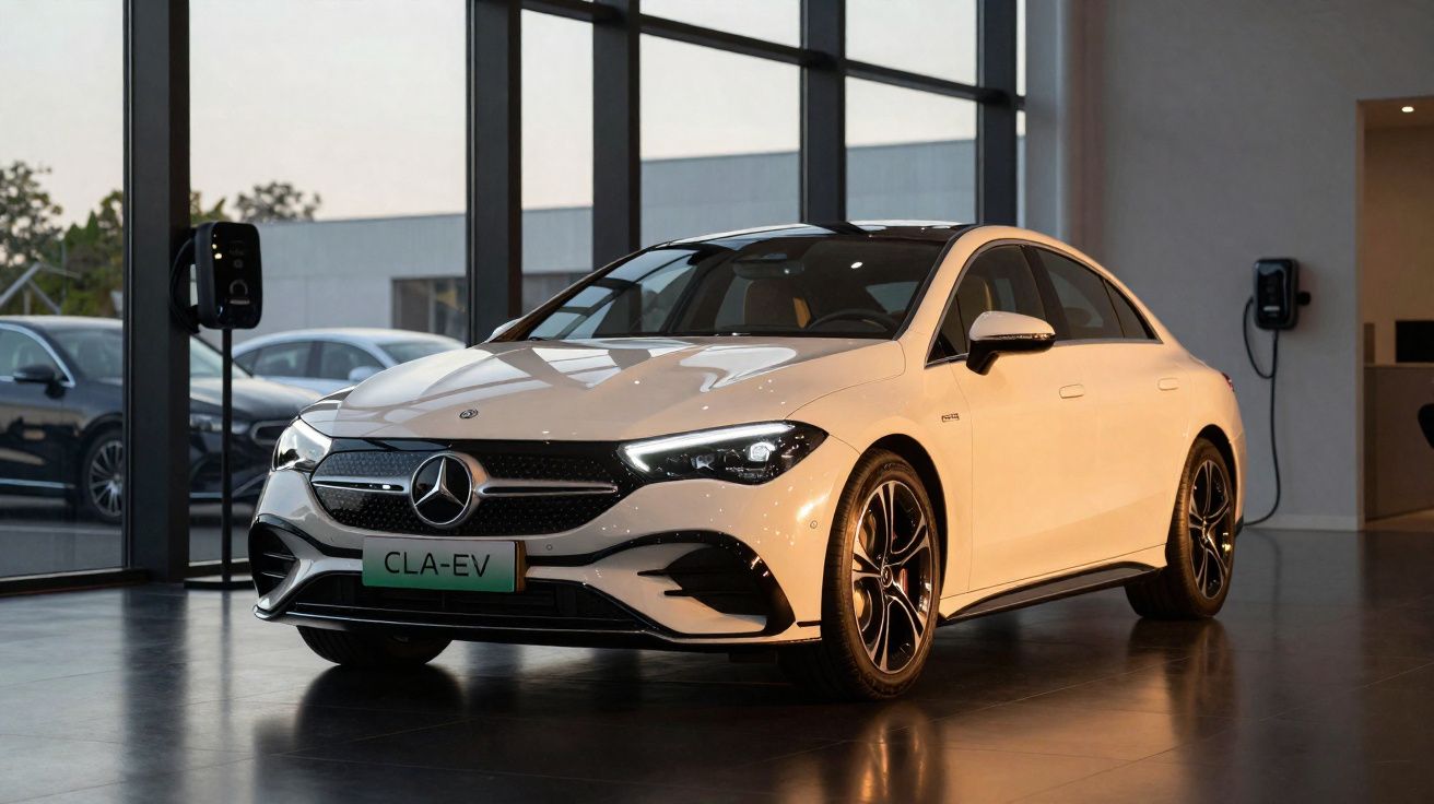 Carro elétrico branco Mercedes-Benz CLA-EV estacionado em showroom moderno com grandes janelas e estação de recarga.