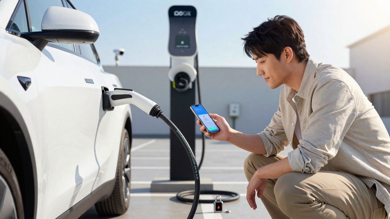 Homem usando celular enquanto carro elétrico branco está conectado a estação de carregamento em estacionamento.