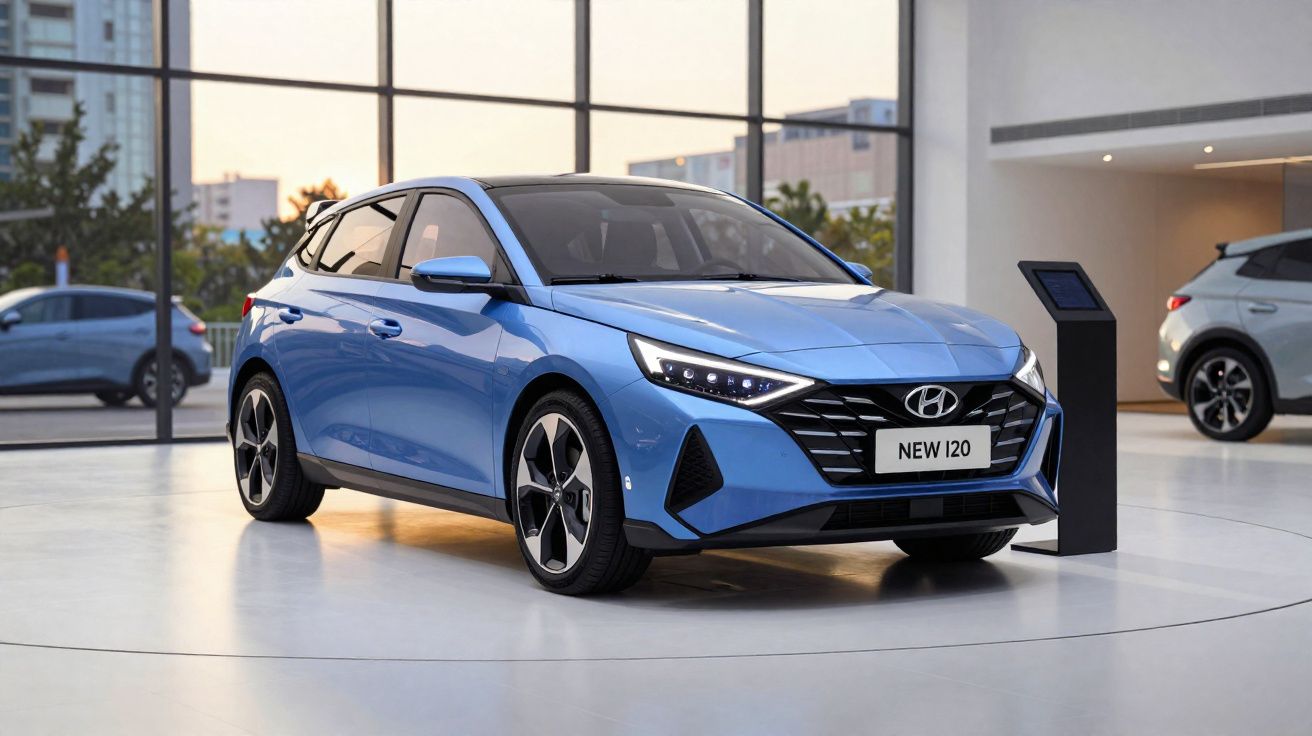 Carro azul Hyundai New i20 exibido em showroom moderno com janelas grandes e iluminação natural.