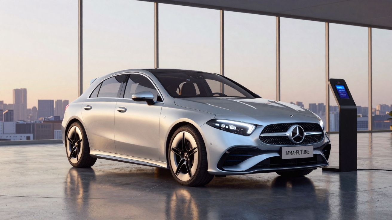 Carro elétrico prata Mercedes-Benz estacionado em ambiente moderno com vista para a cidade ao fundo.