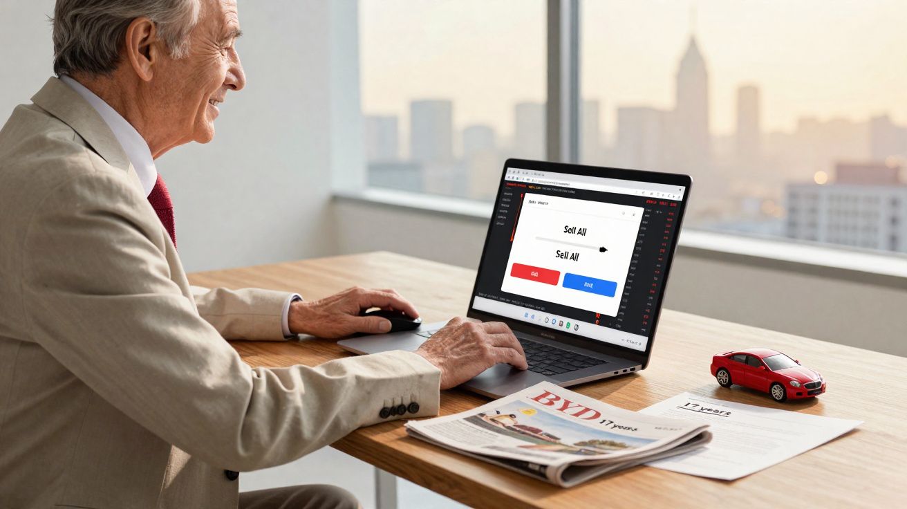 Homem idoso sorridente usando laptop em mesa com jornal, miniatura de carro vermelho e vista urbana ao fundo.
