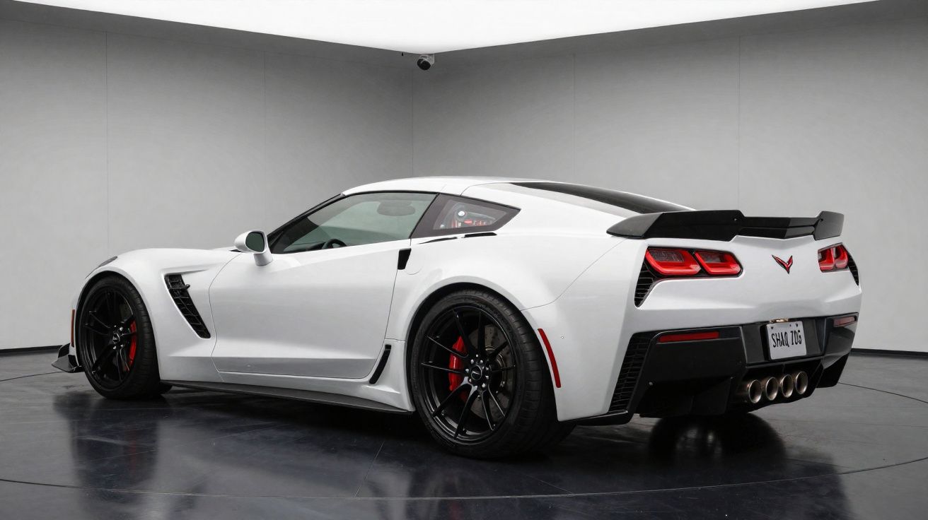 Carro esportivo branco com rodas pretas e aerofólio, visto de trás em ambiente interno cinza.