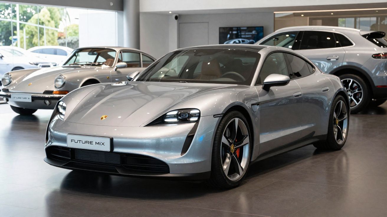 Carro esportivo prata Porsche Taycan em destaque em uma concessionária com outros veículos ao fundo.
