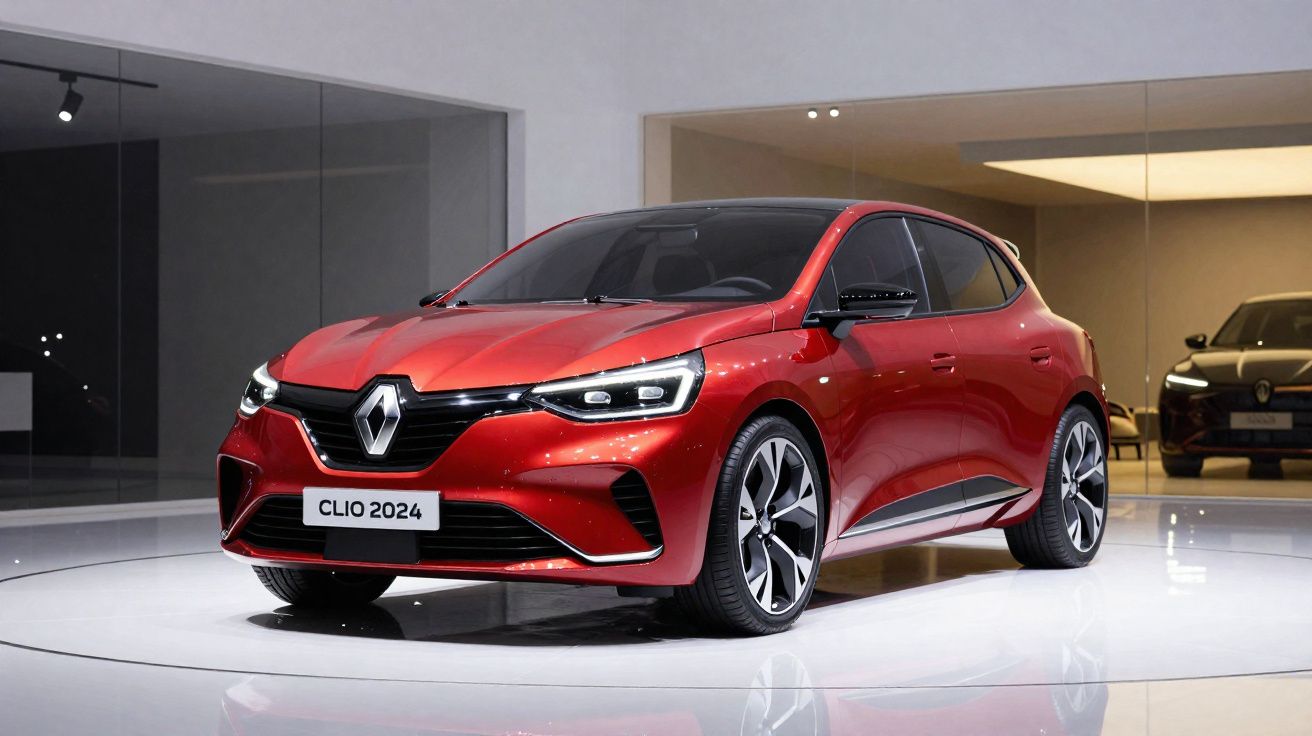 Carro Renault Clio 2024 vermelho em exposição dentro de showroom moderno e iluminado.