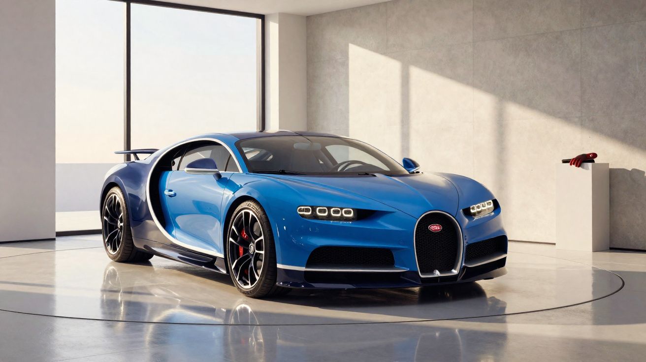 Carro esportivo Bugatti Chiron azul estacionado em ambiente interno com luz natural.
