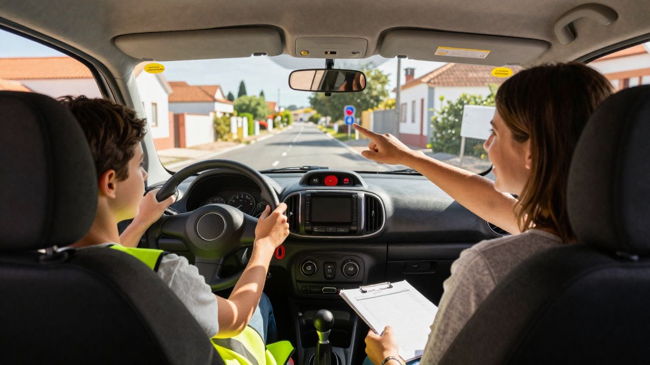 Instrutora de direção orienta jovem motorista dentro de carro em rua residencial.