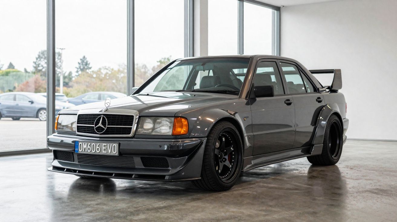 Mercedes-Benz 190E 2.5-16 Evolution II cinza escuro em exposição dentro de showroom moderno com janelas grandes.