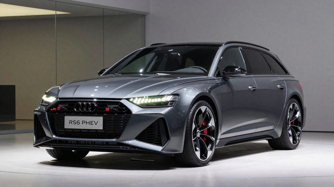Carro esportivo Audi RS6 PHEV cinza metálico estacionado em ambiente interno com iluminação suave.