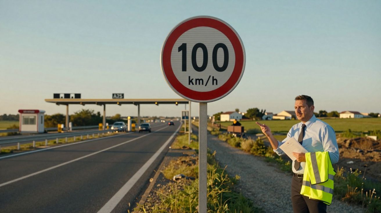Placa de limite de velocidade 100 km/h em estrada próxima a pedágio com homem segurando colete refletivo.