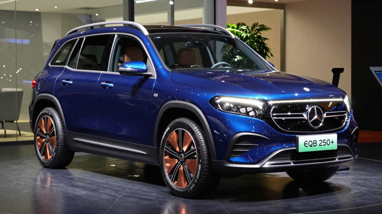 SUV Mercedes-Benz EQB 250+ azul elétrico exposto em ambiente interno com rodas aro 20 possuem detalhes em cobre.