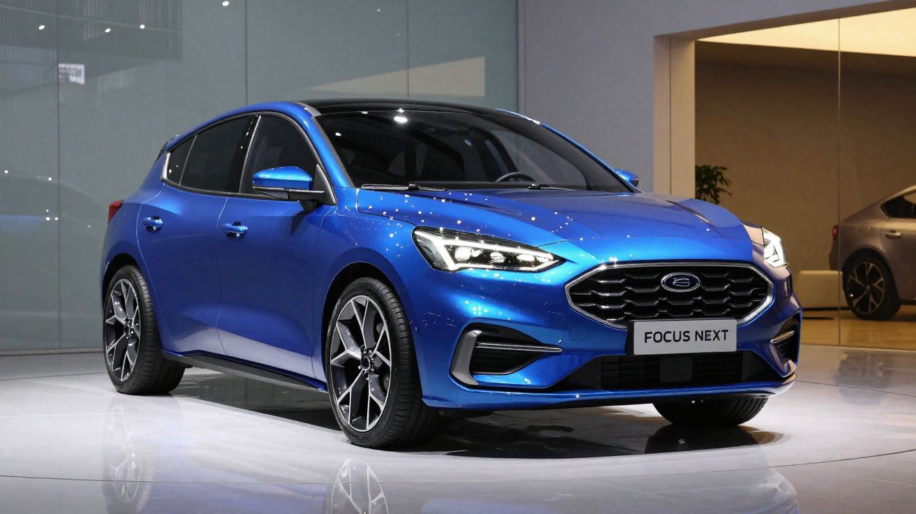 Carro azul Ford Focus Next em exposição, com design moderno e rodas esportivas.