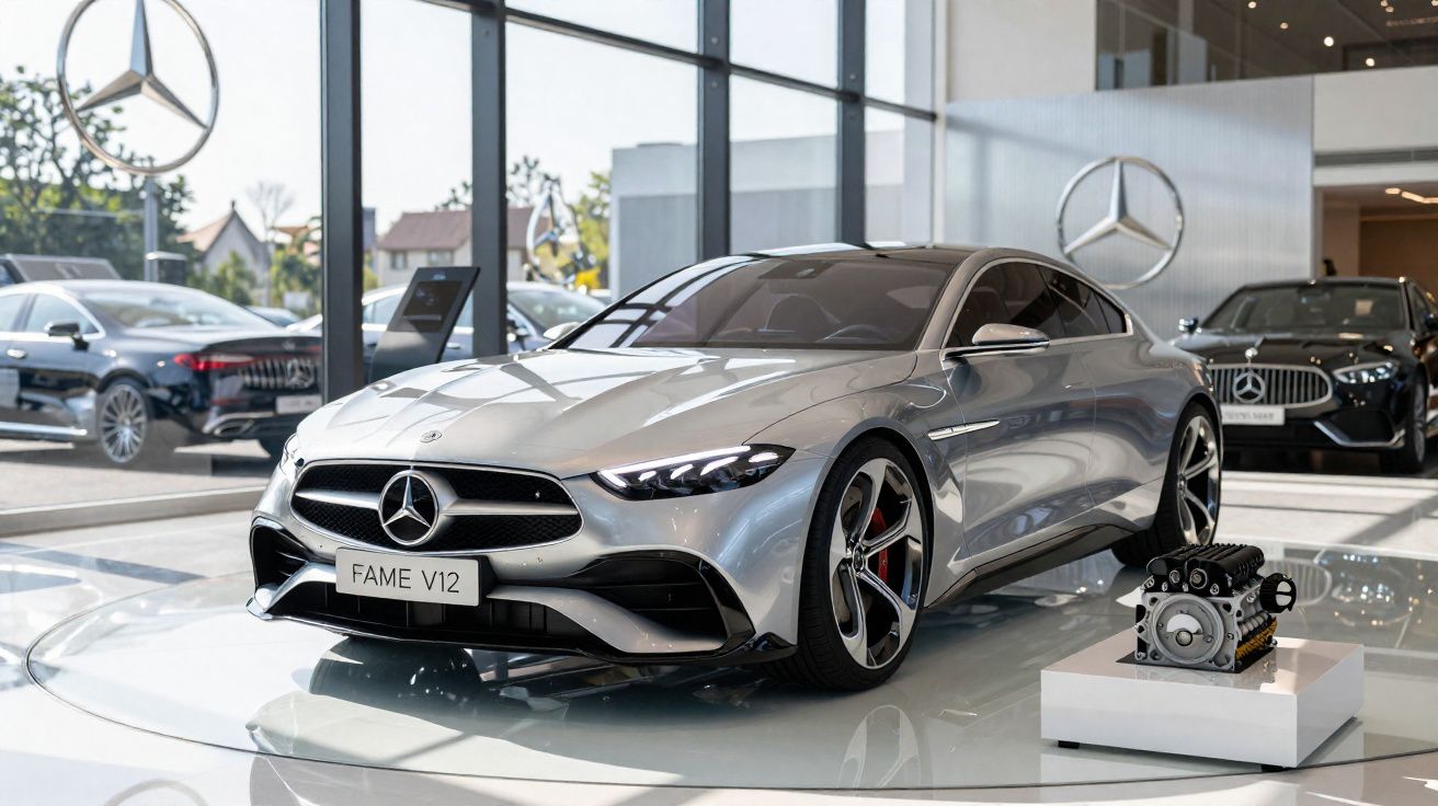 Carro prata Mercedes-Benz FAME V12 exposto em showroom com motor e outros carros ao fundo.