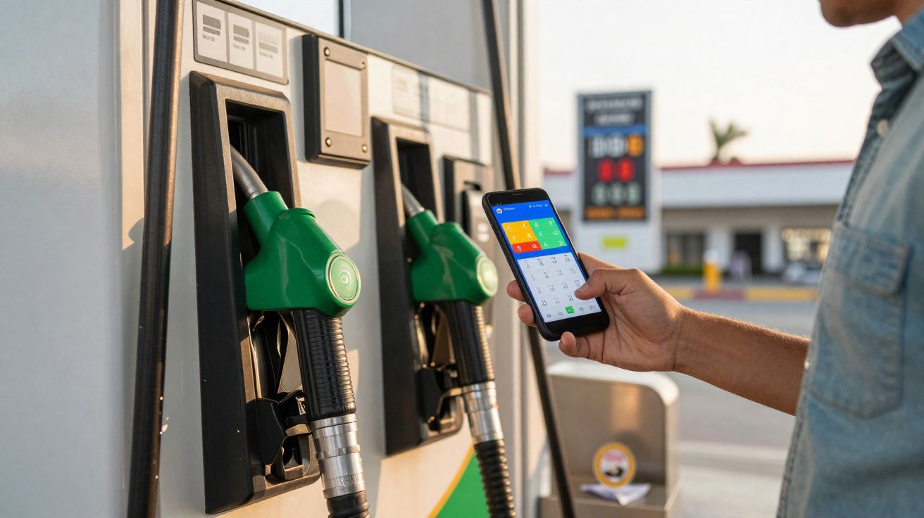 Pessoa usando celular com aplicativo de pagamento ao lado de bomba de combustível em posto de gasolina.