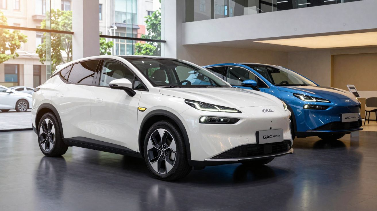 Dois carros elétricos GAC em showroom, um branco em primeiro plano e outro azul ao fundo.