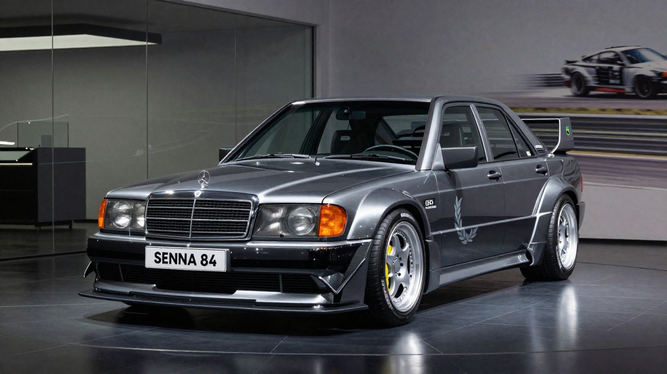 Mercedes-Benz 190E 2.5-16 Evolution II cinza estacionado em ambiente interno com placa personalizada SENNA 84.