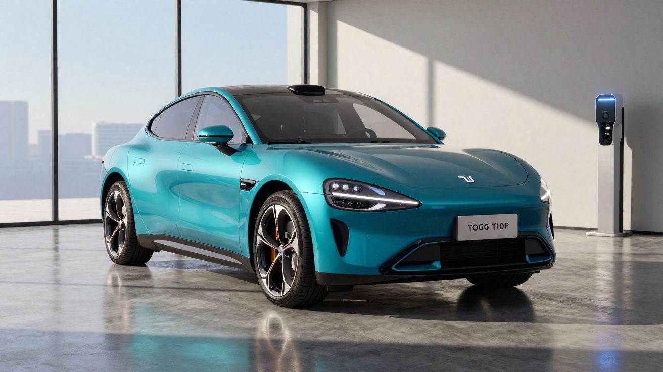 Carro elétrico azul moderno TOGG T10F estacionado em garagem com parede de vidro e carregador elétrico.