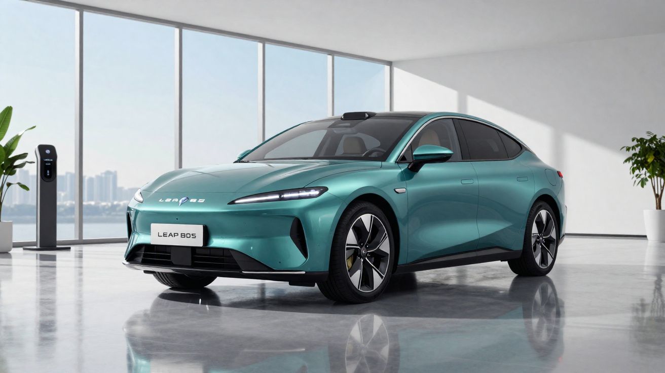 Carro elétrico verde metálico em ambiente interno moderno com grandes janelas e estações de carregamento.