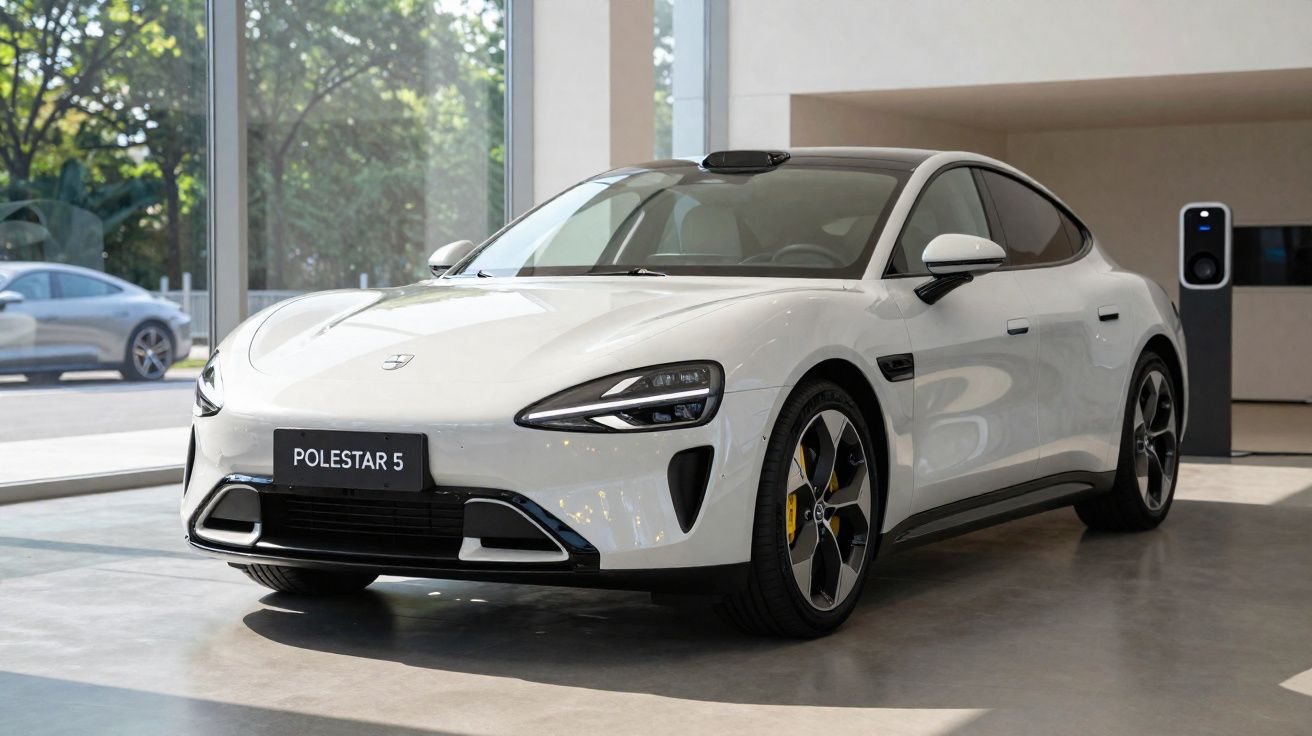 Carro elétrico branco Polestar 5 em showroom com carregador ao fundo e vidro com visão de árvores.